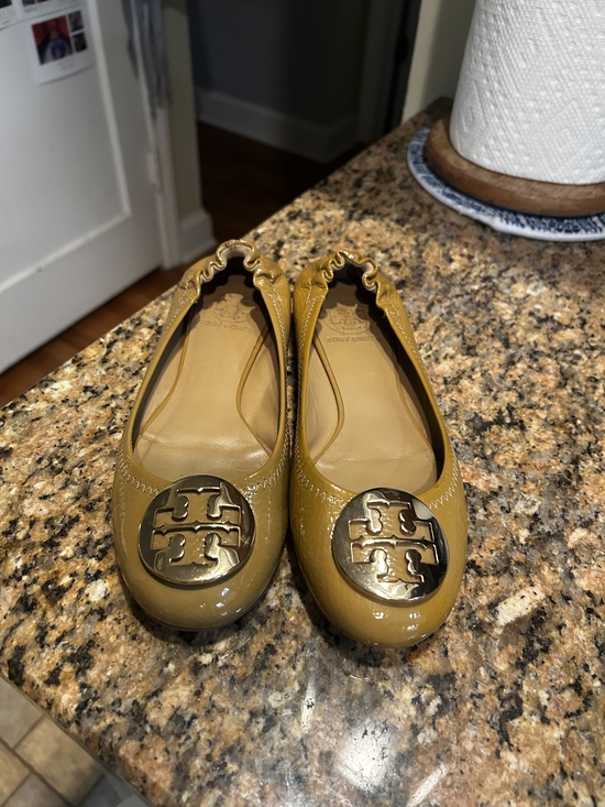 Tory Burch Shoes - Tory Burch Mustard Patent Leather Reva Flats